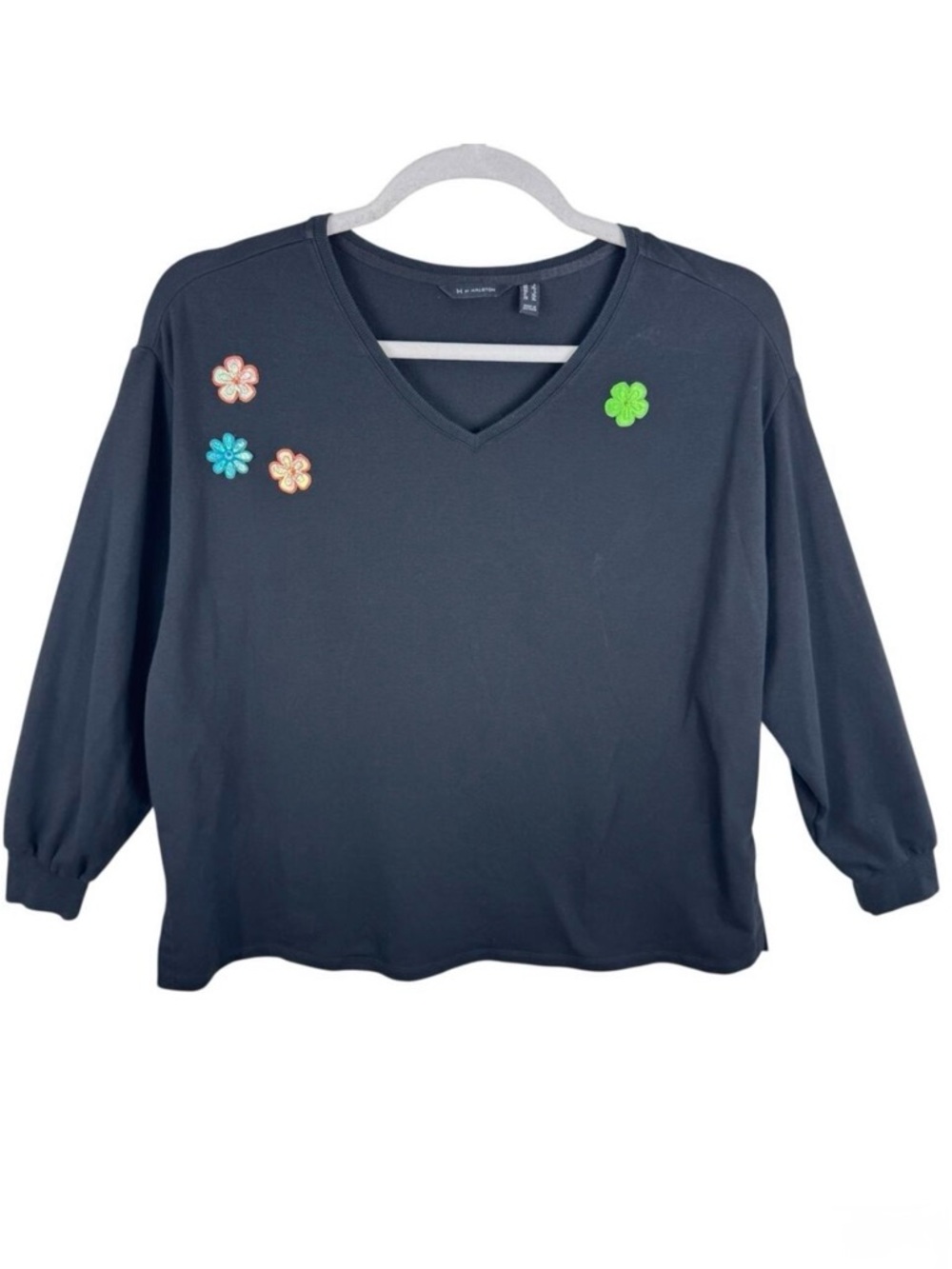 H By Halston Cotton Blend Black Long Sleeve V-Neck Floral Patch Pullover Top L